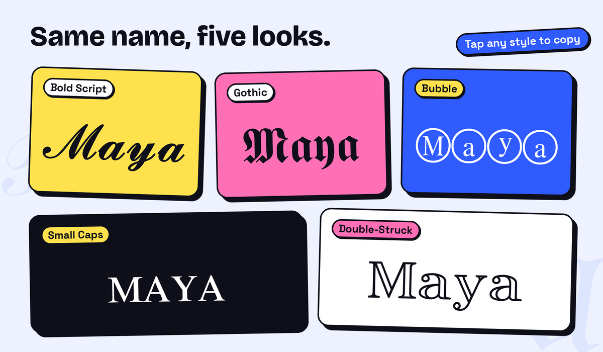 The same name shown in five Unicode styles: Bold Script, Gothic, Bubble, Small Caps and Double-Struck